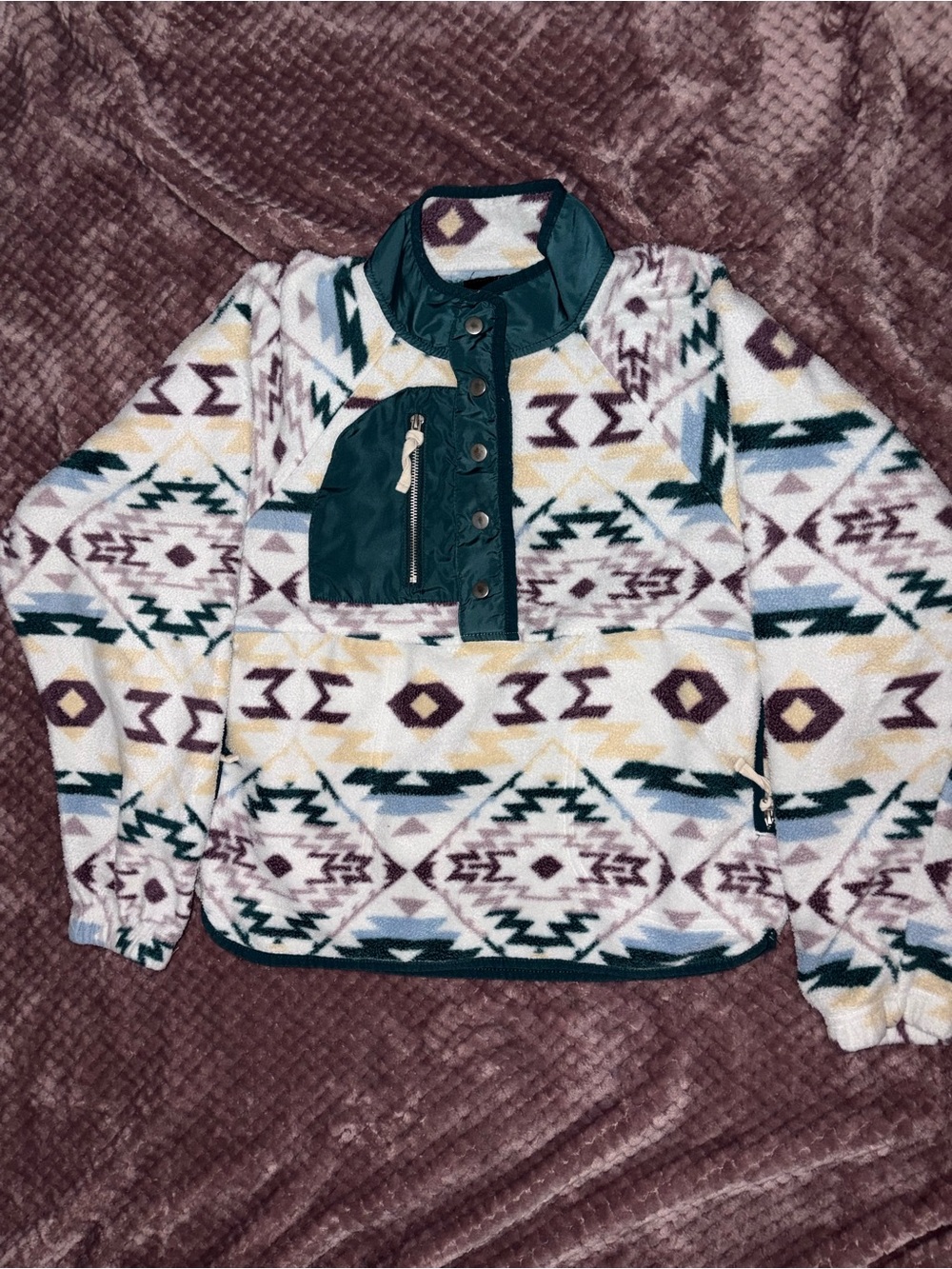 RSQ White Aztec Fleece Pullover with Teal Trim